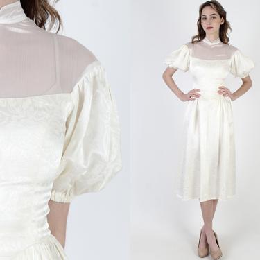 Vintage 80s Ivory Floral Dress / Tiny Stand Up Split V Collar / Sheer See Through Bodice / Simple Puff Sleeve Bridal Midi Mini Dress 