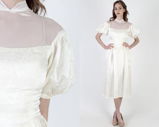 Vintage 80s Ivory Floral Dress / Tiny Stand Up Split V Collar / Sheer See Through Bodice / Simple Puff Sleeve Bridal Midi Mini Dress 