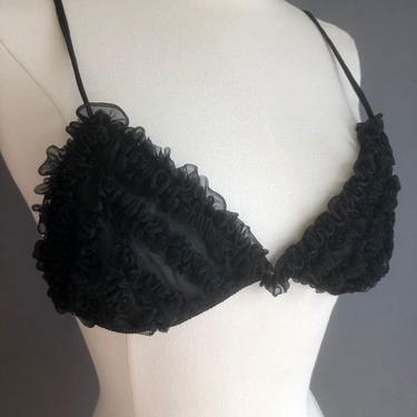 Vintage Campy Frilly Bra - Ruffled Black Nylon, 1950's, 1960's Vintage Lingerie, Sexy Pinup Bra, Medium Bettie Page Style Burlesque 