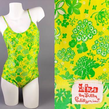70s One Piece Swimsuit Liza by Lilly Pulizter, 1970s Vintage Floral Bathing Suit, Mod Psychedelic Neon Swimwear Small Medium 