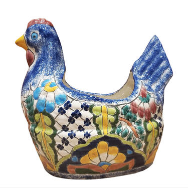Vintage Mexican Folk Art Rooster/Hen Talavera Ceramic Painted Garden Planter Pot 