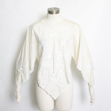 Vintage 1970s Blouse Embroidered Ivory Peasant Top - Small 