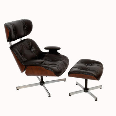 Black Leather Walnut Eames Style Reclining Chair &amp; Ottoman  Mid Century Modern 