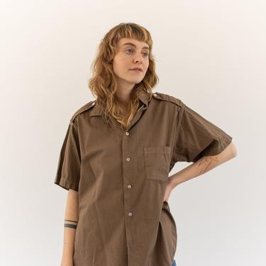 Vintage Overdye Mushroom Brown Short Sleeve Shirt | Epaulettes Simple Cotton Work Blouse | L | 