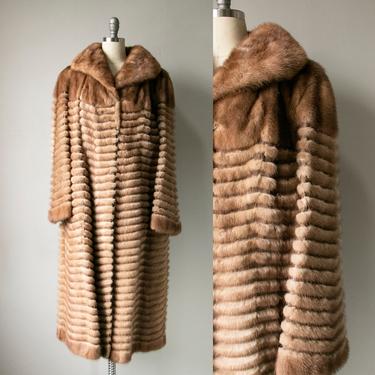 1970s Fur Coat Suede & Mink Stripes Long M 