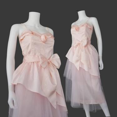 Vintage Pink Tulle Party Dress, Small / 1980s Pink Prom Dress / Pleated Sweetheart Neckline Top / Bow and Peplum Skirt / Fairy Cosplay Dress 