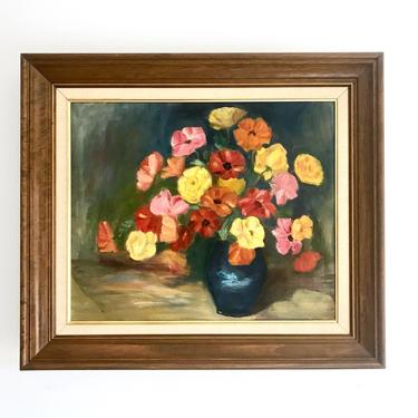 Framed Floral Oil Painting - Bouquet of Flowers in Vase Artwork - Pink Yellow Flowers + Blue Vase + Green Background Original Oil Artwork 