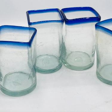 Pretty Set (4) Handmade Blown SQUARE Recycled Mexican Tumblers  Drinking Glass Blue Rim- 13 ounce 