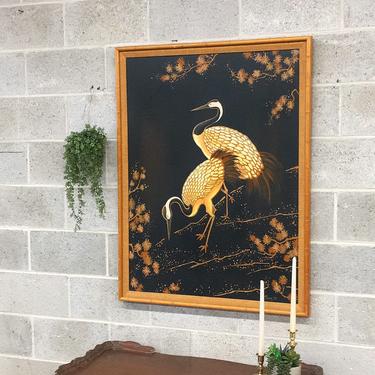 Vintage Thomas Pell Painting 1960s Retro Size 43x33 MCM + Chinese + Asian Cranes + Mid Century + Acrylic on Stretched Canvas + Wall Art 