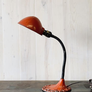 Red Metal Gooseneck Desk Lamp | Task Lamp | Adjustable Lamp | Mid Century Lamp | Orange Lamp | Industrial Lighting | Cast Iron Base 