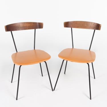 Paul McCobb Style Clifford Pascoe Mid Century Walnut Wrought Iron Dining Chairs - A Pair - mcm 