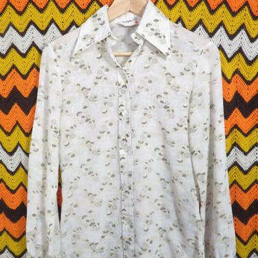 Vintage 70s Gauzy Semi Sheer Floral Button Up Blouse Size M/L 