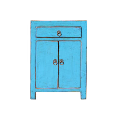 Distressed Pastel Bright Blue Lacquer Drawer End Table Nightstand cs5399E 