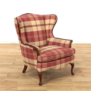 Red & Tan Plaid Upholstered Wingback Armchair
