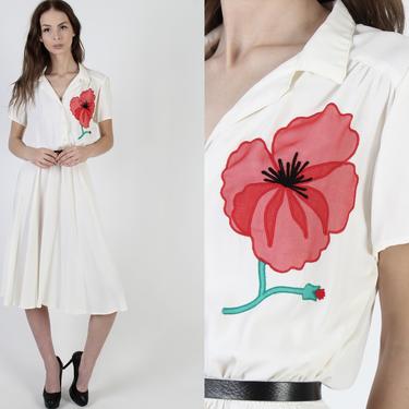 Vintage 70s Red Hibiscus Flower Dress Simple Ivory Full Skirt Day Party Midi Mini Dress 