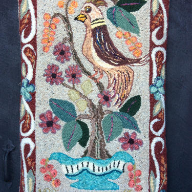 Vintage Hooked Rug with Birds Flowers - Folk Art Rug - Vintage Primitive Wool Wall Art - Floral Hooked Rug 
