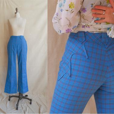 Vintage 60s Plaid Western Pants/ 1960s Flared Western Yoke High Blue Side Zip Trousers/ Size Small 25 26 