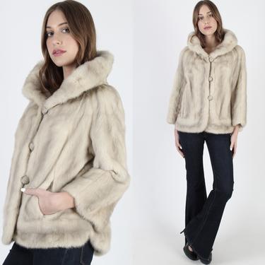 Vintage 60s Platinum Mink Coat Blonde Mink Fur Jacket 1960s Real Fur Mink Jacket Womens Fur Collar Ivory Pockets Cropped Waist Coat 