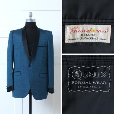 mens vintage 1960s sharkskin tuxedo jacket • MCM blue &amp; black shawl lapel sb tux • black tie formal event menswear 