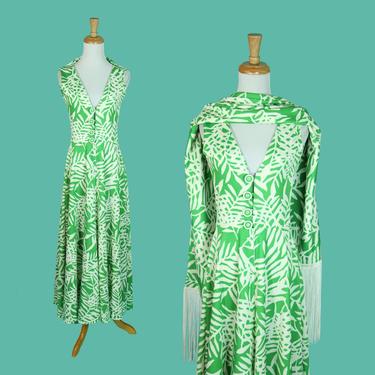 DEADSTOCK Vintage 1960s 70s Long Maxi Dress with Matching Scarf Green and White Hawaii Palm Print Full Length Size S XS 