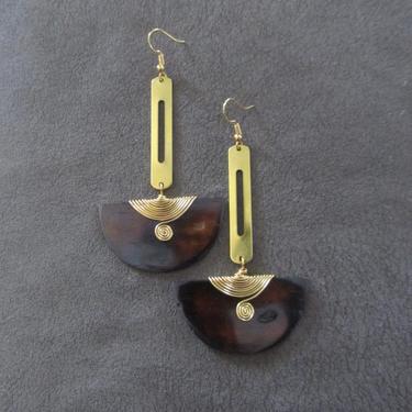 African earrings, brass and bone horn earrings, wire wrapped earrings, brown Afrocentric earrings, fan earrings, ethnic bohemian 