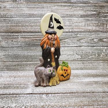 Vintage Ceramic Witch, Full Moon Pumpkin Witches Broom Flying Bats, Vintage Halloween Witch, Trick or Treat, Vintage Holiday Home Decor 