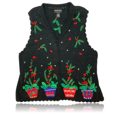 Potted Plants Black Vintage Christmas Sweater Vest // Ugly Christmas Sweater Party Holiday Sweater/ Size 3X // Hampshire Studios 