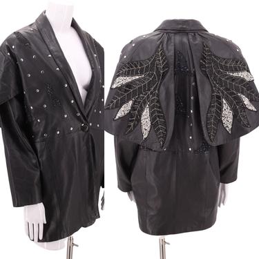 80s black leather beaded coat M-L / vintage 1980s beaded WINGS & FEATHERS slouchy jacket Stevie medium 