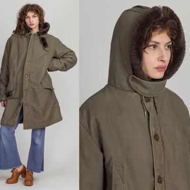 70s Split Zip Hood Army Green Parka - Men's Large, Size 46 | Vintage Zip Front Button Up Military Overcoat Olive Drab Jacket 