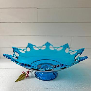 Vintage Blue Mid-Century Modern Hand Blown Glass Lace Edge Footed Bowl Compote // Blue Westmoreland Lace Pedestal Fruit Bowl // Perfect Gift 