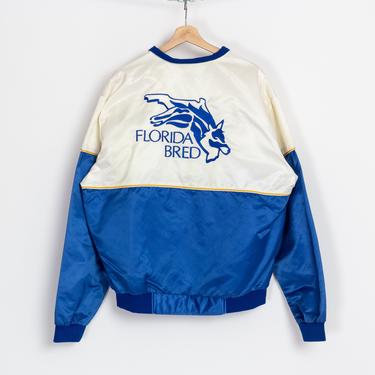 Vintage Florida Bred Equestrian Jacket - Men's XL, Women's 2XL | 80s 90s White Blue Color Block Satin Zip Up Bomber 
