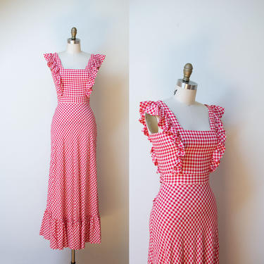 1970s Gingham dress / 70s Ruffled Cotton Maxi Dress 