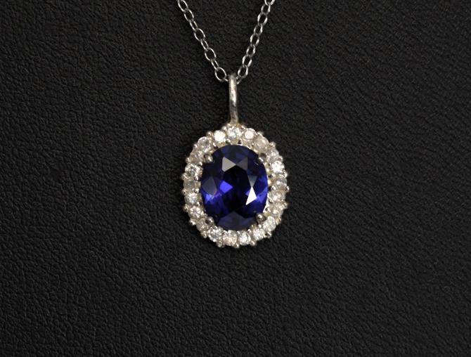 Elegant 90&amp;#39;s sterling violet tanzanite clear quartz pendant, classic 925 silver faceted oval gemstone halo bling necklace 