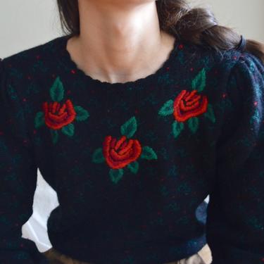 rose embroidered puff sleeve wool pullover sweater 