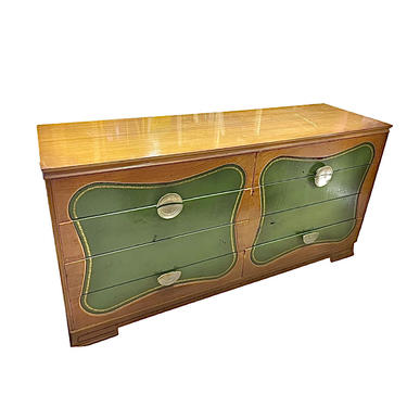 Kelly Green Leather MCM Credenza with Oriental Hardware (As Is)