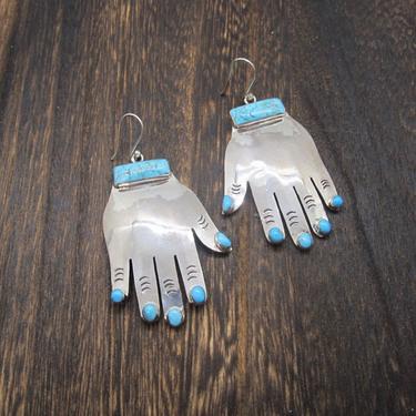 HANDS DOWN Federico Jimenez Silver &amp; Turquoise Earrings | Large Milagro Protective Hand Charms | Mexican Oaxacan, Frida Kahlo Style Jewelry 