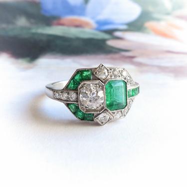 Art Deco Inspired 1.32ct t.w. Natural Emerald &amp; Old European Cut Diamond Toi Et Moi Ring Platinum 