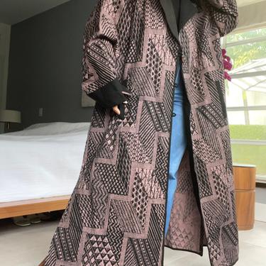 vintage indian cotton block print maxi length overcoat 