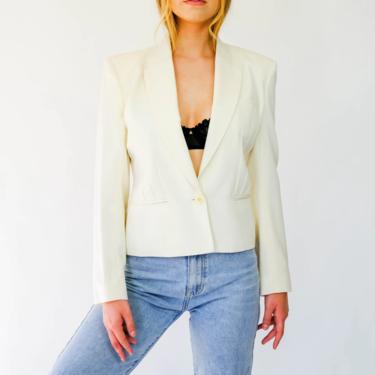 Vintage 90s CAPRICCIO White Cropped Tuxedo Style Single Button Blazer | 100% Wool Gabardine | 1990s Designer Power Shoulder Dinner Jacket 