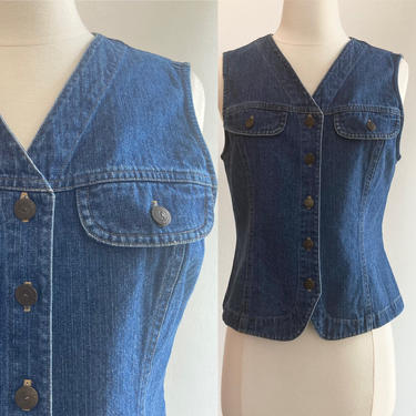 Vintage 80's FITTED Denim VEST Top / Waistcoat with Pockets / Carol Anderson Collection 