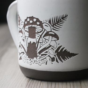 Mushrooms Mug - engraved rustic pottery in green, white, or black 