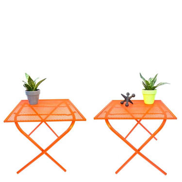 Set of Two Mid-Century Orange Metal Mesh Perfect Patio / Side Tables || Convenient &amp; Collapsible 