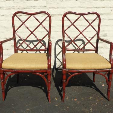Vintage Pair of Chinese Chippendale Faux Bamboo Carved Wood Arm Chairs 