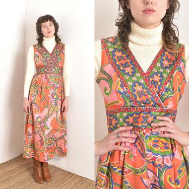 Vintage 1970s Dress / 70s Psychedelic Print Maxi Dress / Pink Orange Green ( S M ) 