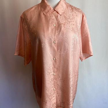 Vintage Silk blouse~ pretty in pink Pink silk shirt oversized boxy style short sleeves minimalist soft pale pink M/L 