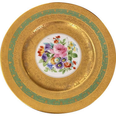 Antique Gold Encrusted Limoges French Porcelain Cabinet Plate - Floral Center 