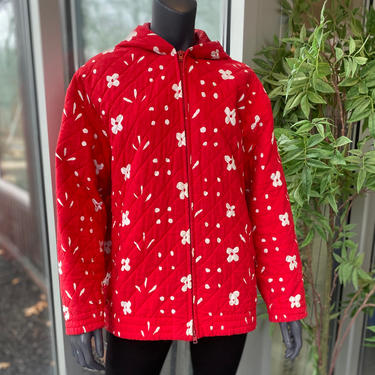 MARIMEKKO Floral Hooded Quilted Jacket - 1960s Vintage - Red/White Flower Pattern - Alicia Rosauer 