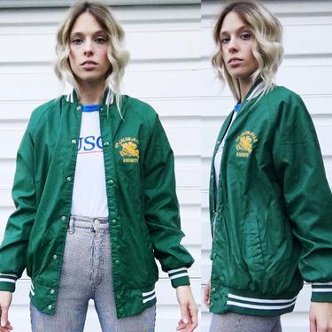 Vintage 70s Emerald Green White + Gold St Columbkille Knights High School Snap Button Varsity Bomber Jacket S/M 