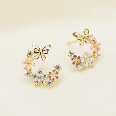E073 Dainty CZ Studs Earring, butterfly earring, flower earring, Gift for Her, korean earring, flower wreath earring, flower stud earring 