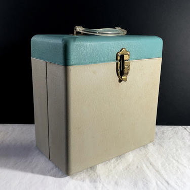 Vintage Metal Suitcase, Carrying Case, Hinged Storage Box w Lid, Clear Handle, 11 x 10 x 6 - Turquoise, Mid Century, Weiland Metal Chicago 